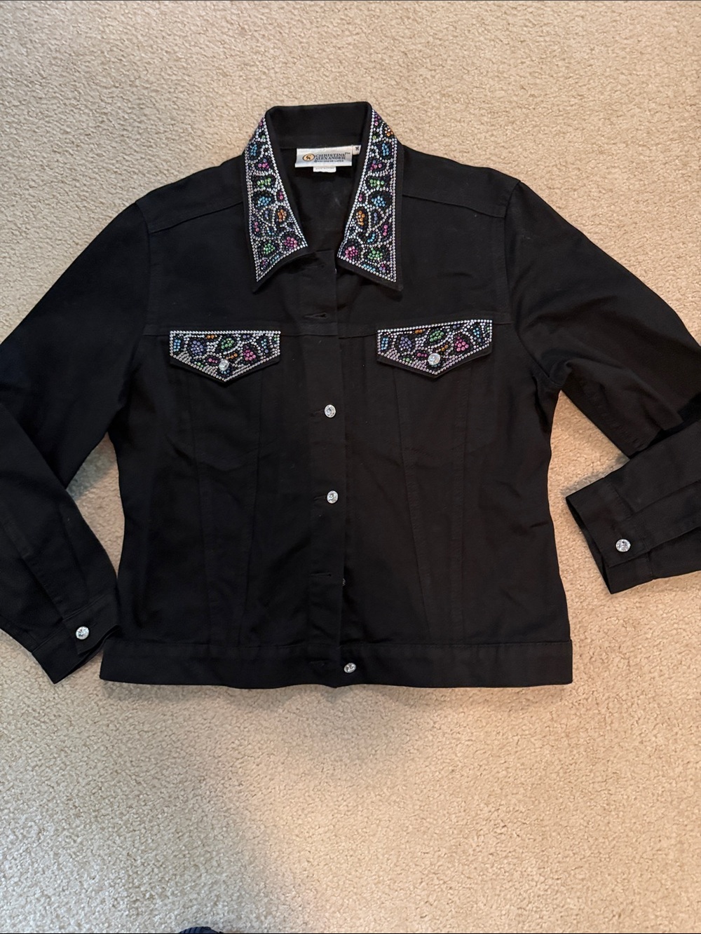 Christine Alexander Black Jean Jacket with Multicolored Beading M